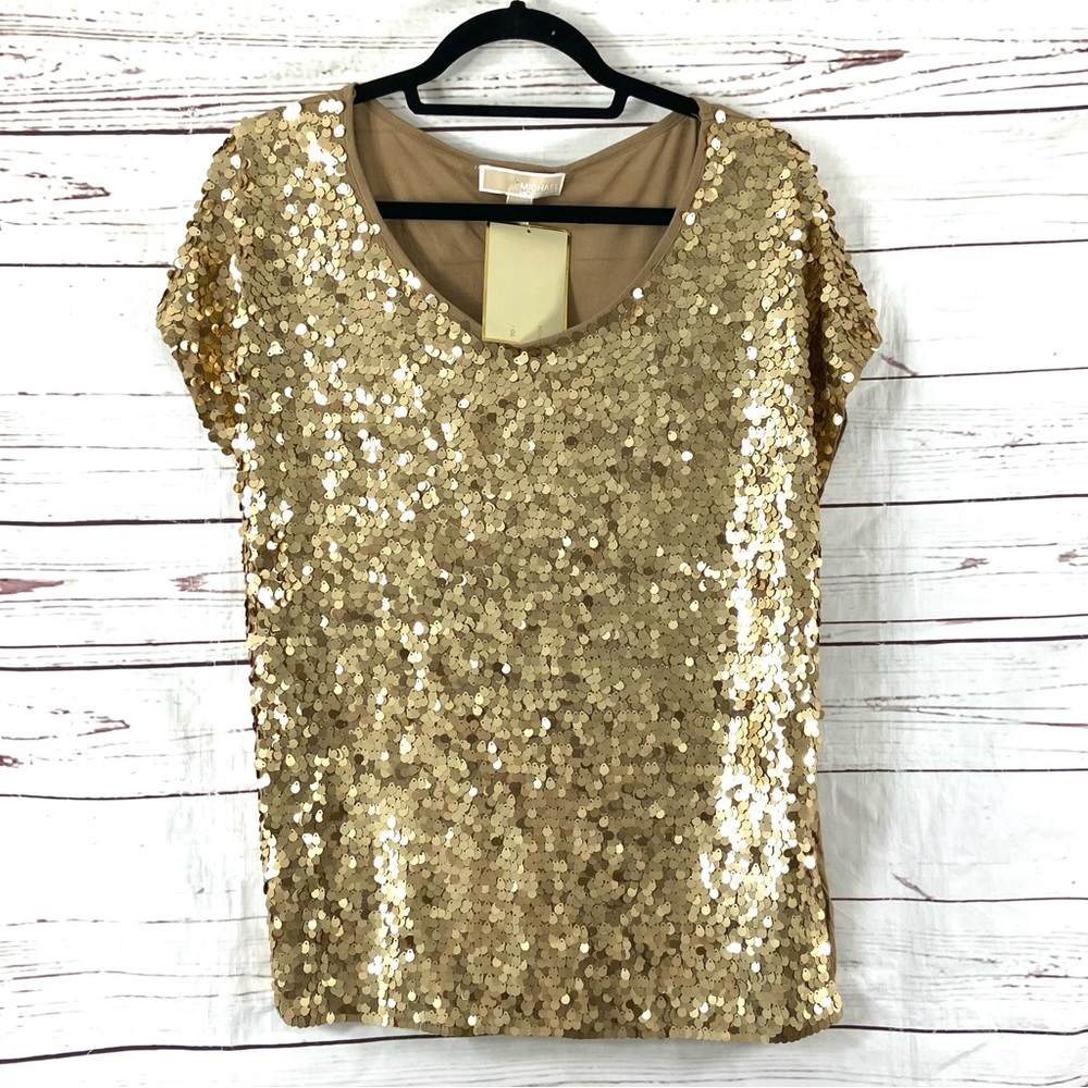 Michael Kors Top Women’s Medium Gold/Dark Camel Sequin Short Sleeves